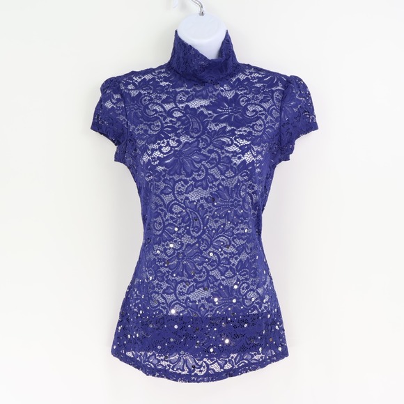 Express Sheer Lace Blouse Womens Sz S Blue Floral Sequins Cap Sleeves Turtleneck - Picture 1 of 7